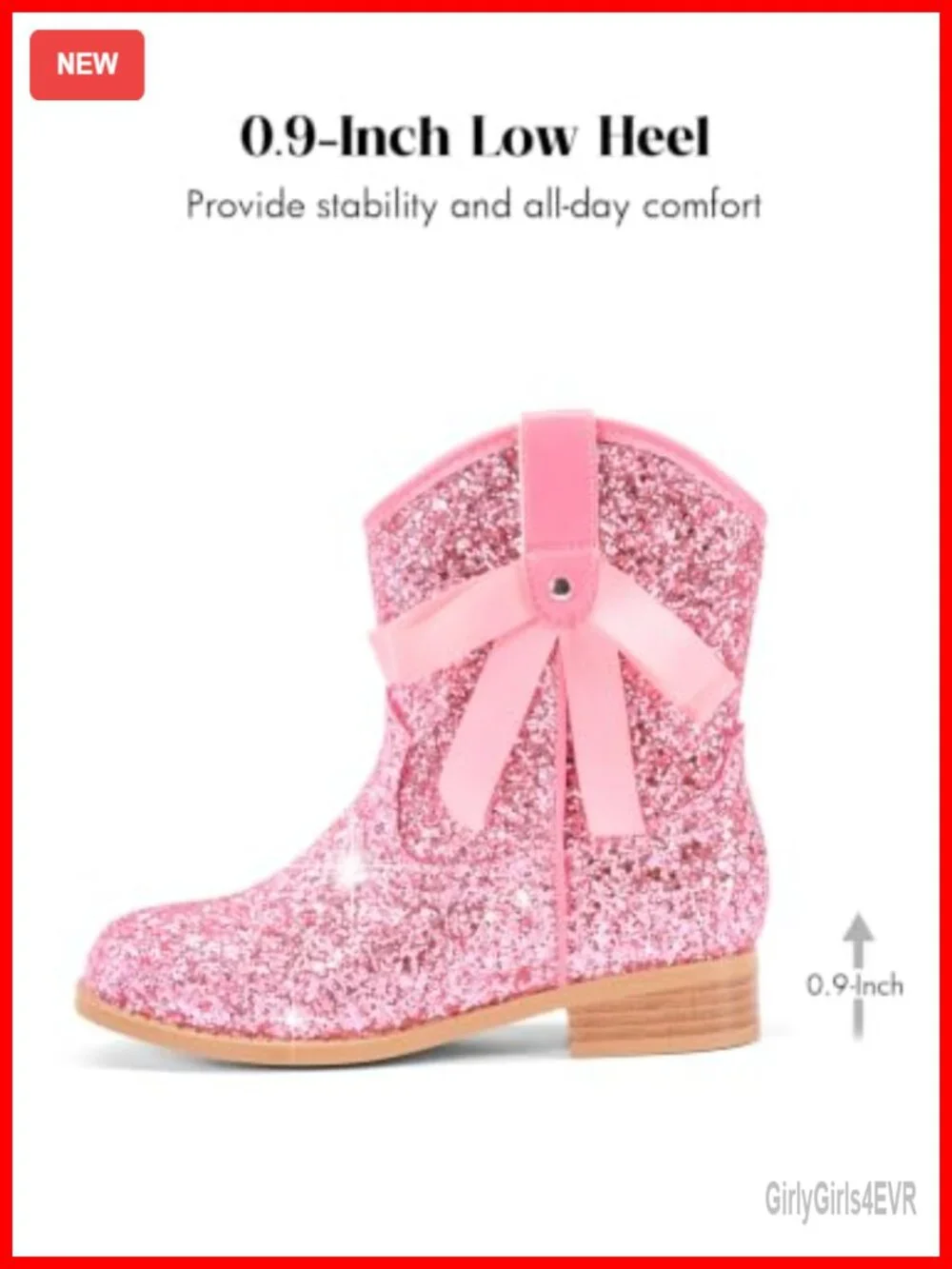 Girls Cowboy Boots Glitter Low Heel Ankle Booties Bow Side Zipper